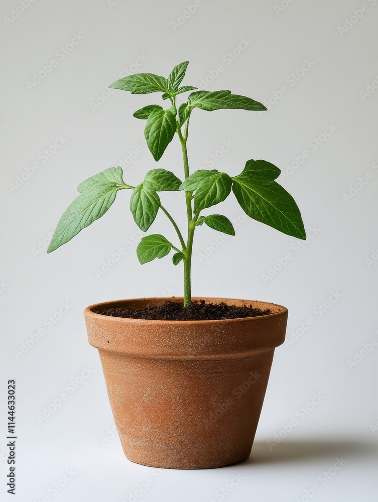 Young tomato plant grows in terracotta pot against minimalist background in bright indoor setting during Young tomato plant grows in terracotta pot against minimalist background in bright indoor setting during