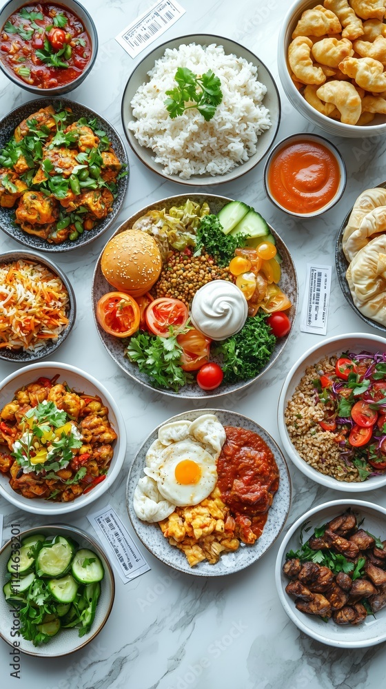 An Abundant Spread of Delicious Global Cuisine Featuring Rice, Fresh Vegetables, Flavorful Dishes, Sauces, and Desserts on a Beautiful Marble Background An Abundant Spread of Delicious Global Cuisine Featuring Rice, Fresh Vegetables, Flavorful Dishes, Sauces, and Desserts on a Beautiful Marble Background