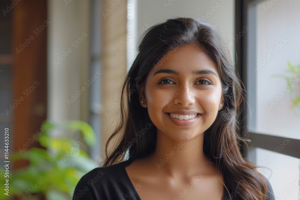 Happy Indian professional woman poses confidently at home office.