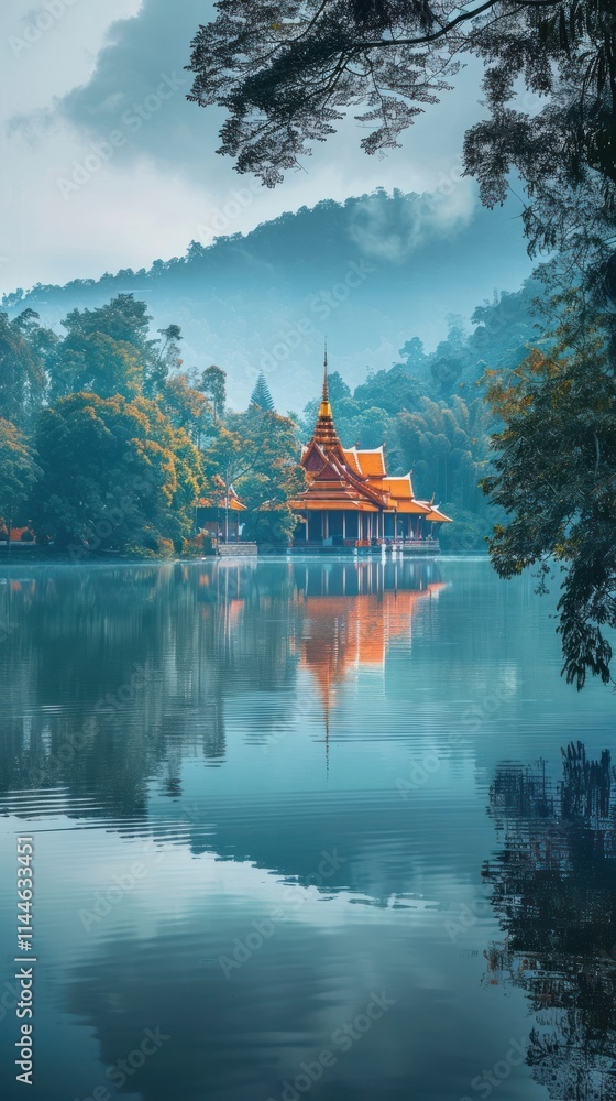 Obraz premium Stunning view of a floating Buddhist temple reflected in the calm waters of a lake surrounded by misty mountains and lush autumn foliage