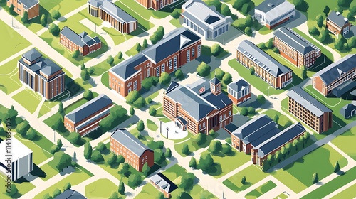 Isometric Illustration of a University Campus in Spring. AI Generated
