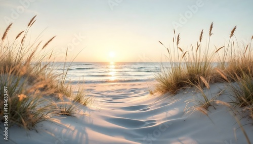 A tranquil beach scene at sunrise, with soft white sand dunes framed by tall, delicate beach grass.