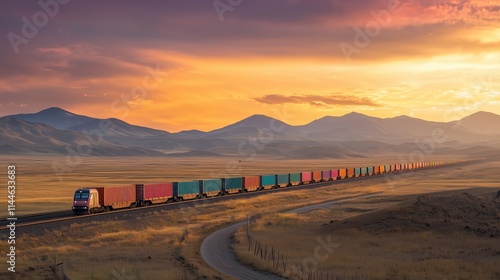 Majestic Cargo Train Traveling Through Scenic Landscape at Sunset with Vibrant Colors and Rolling Mountains in Background photo