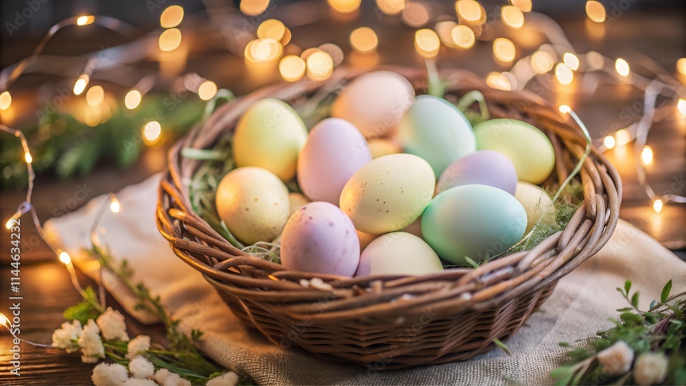Colorful Easter eggs in wicker basket surrounded by fairy lights and greenery Colorful Easter eggs in wicker basket surrounded by fairy lights and greenery