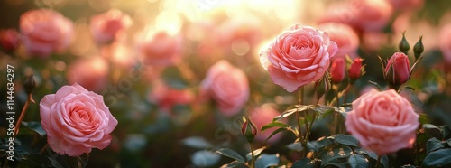 Beautiful pink roses bloom in a vibrant garden during golden hour, showcasing...