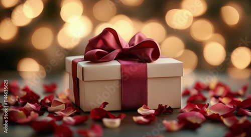 Gift box decorated with red ribbon surrounded by rose petals on a table, with...