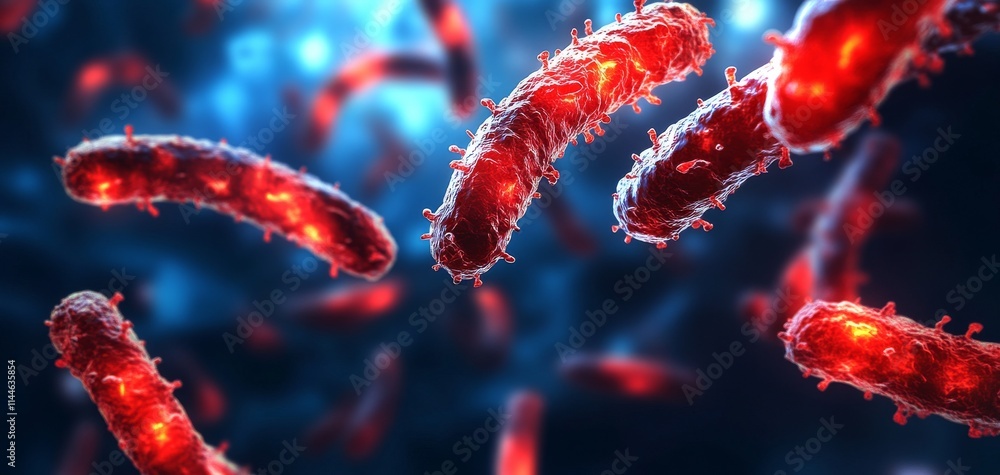 An intricate close-up view of vibrant red bacteria against a striking blue background, illustrating the fascinating world of microbiology. An intricate close-up view of vibrant red bacteria against a striking blue background, illustrating the fascinating world of microbiology.