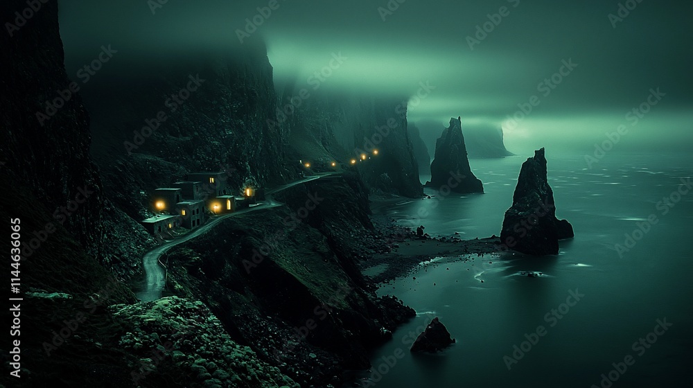 Coastal road at night, mysterious fog, cliffside houses, dark ocean, dramatic lighting. Coastal road at night, mysterious fog, cliffside houses, dark ocean, dramatic lighting.