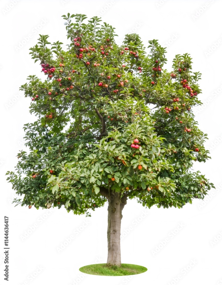 Full size apple tree with green leaves and ripe fruits, isolated on a white background, perfect for agricultural or food related projects Full size apple tree with green leaves and ripe fruits, isolated on a white background, perfect for agricultural or food related projects