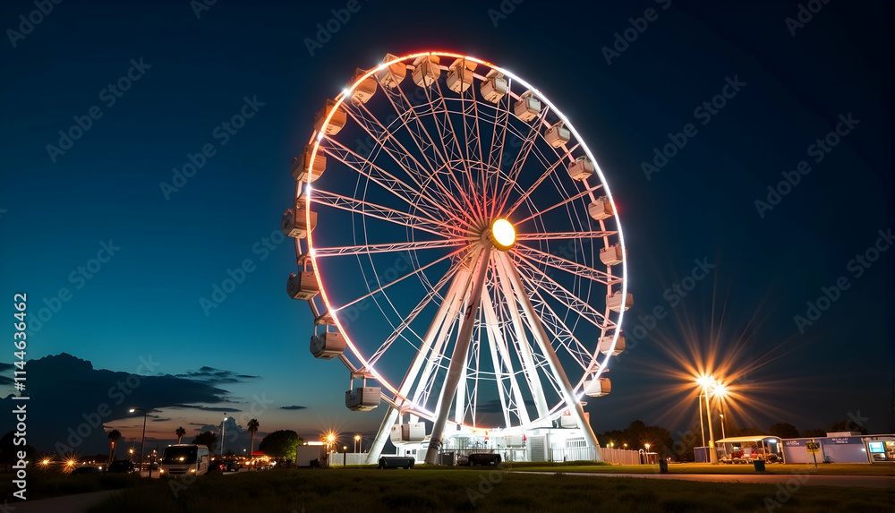 Illuminated Ferris wheel against a twilight sky. A magical night scene. Illuminated Ferris wheel against a twilight sky. A magical night scene.