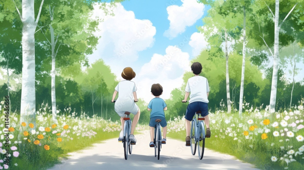 Obraz premium A family of three riding bicycles on a sunny countryside trail, surrounded by tall trees 