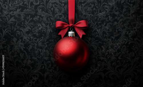 Red Christmas ball with red ribbon on black background