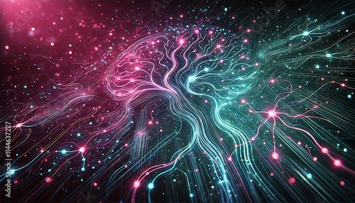 stylized human brain with glowing neural connections and particles, artificial intelligence and consciousness concept, neurological activity visualization, abstract brain illustration