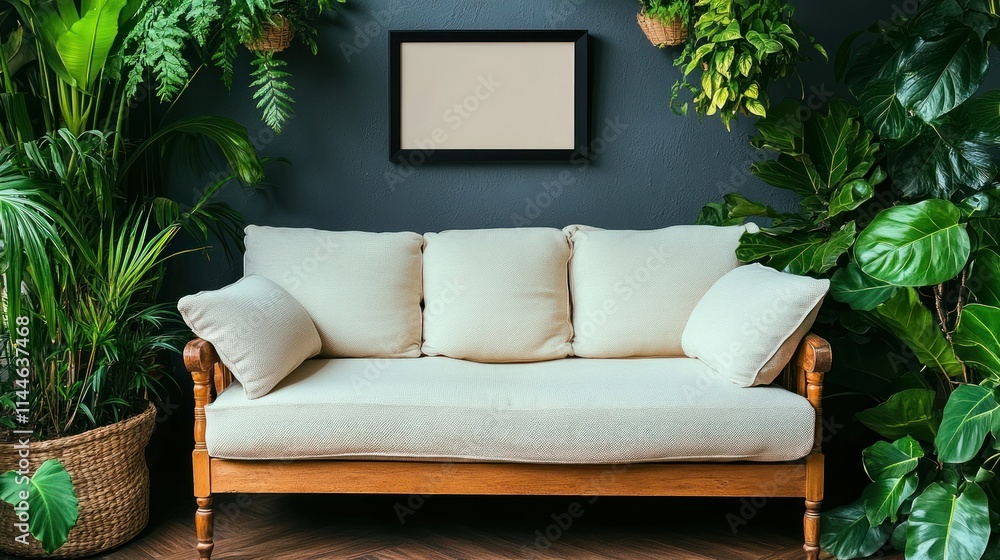 Fototapeta premium Cozy sofa surrounded by lush green plants.