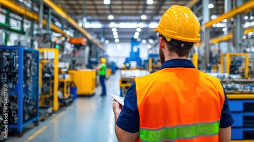 A worker in a safety helmet and vest inspects machinery in a busy industrial factory setting.