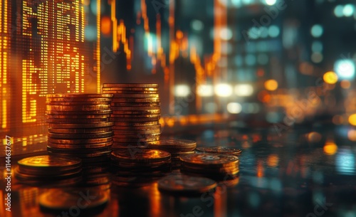 Stack of shiny coins reflecting city lights during nighttime, showcasing weal...