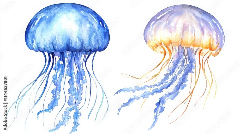 Jellyfish Watercolor painting, on isolated white background Jellyfish Watercolor painting, on isolated white background
