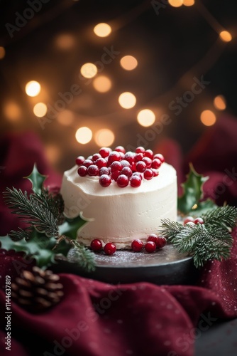 Delicious holiday cake adorned with fresh berries and green foliage placed el...