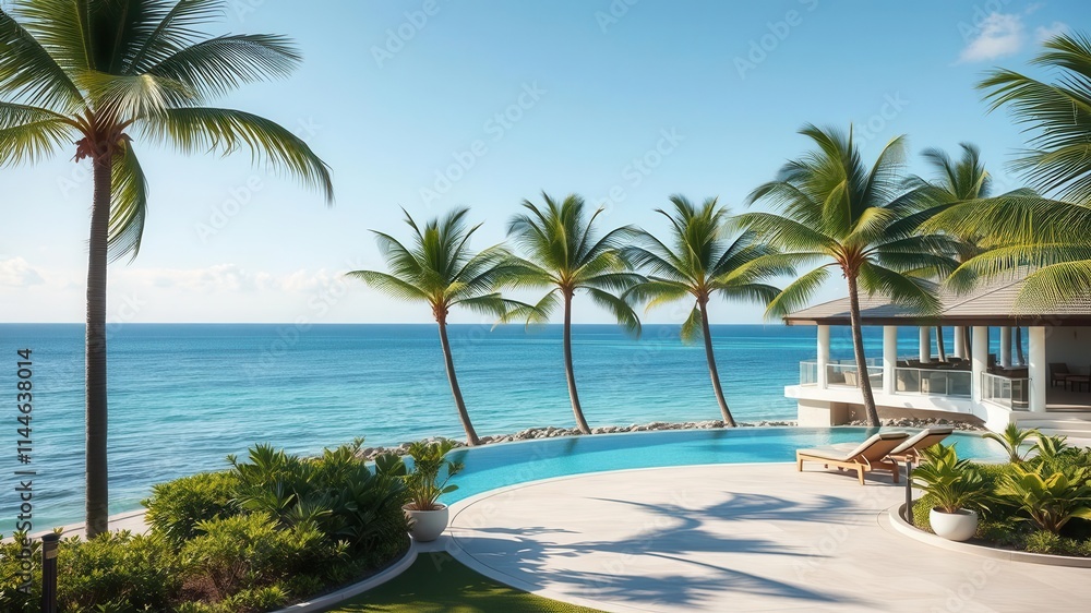 Fototapeta premium Beautiful ocean front property with palm trees and crystal clear blue water, resort, summer
