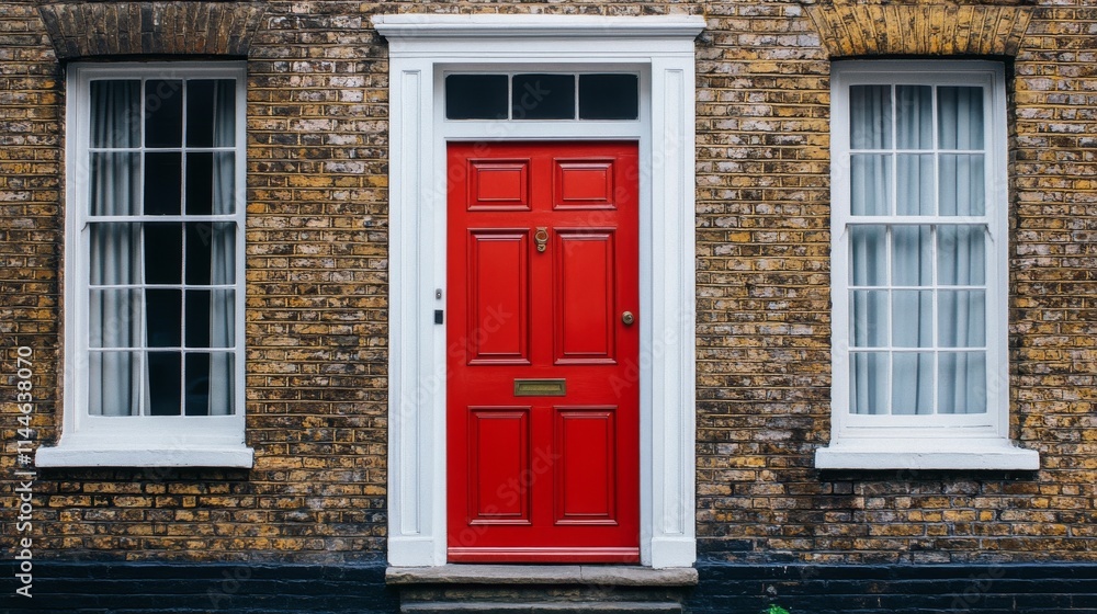 Fototapeta premium Bright red door welcomes visitors to a charming brick home with white windows, showcasing classic architecture