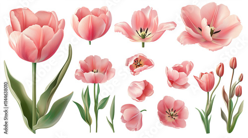 Beautiful Set of Decorative Pink Tulips Isolated on White for a Spring-Themed Holiday Decor