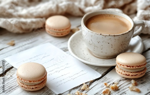 Coffee cup rests next to macaroons and scattered coffee beans on a cozy knit ...