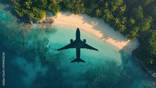 Shadow of an airplane glides over a turquoise beach surrounded by lush greene...