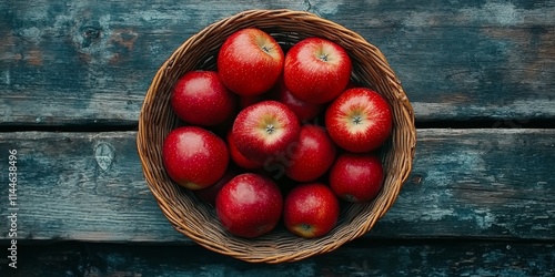 Freshly harvested red apples arranged in a rustic woven basket on a wooden su...