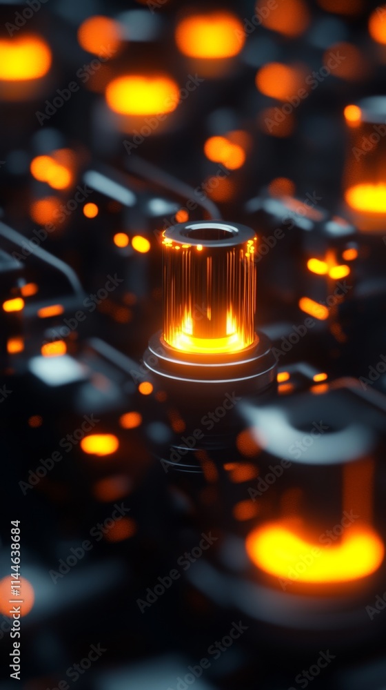 Close-up view of glowing knobs and controls in a high-tech environment, showcasing vibrant orange lights amidst a dark background. Close-up view of glowing knobs and controls in a high-tech environment, showcasing vibrant orange lights amidst a dark background.