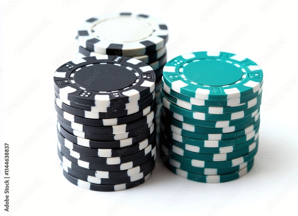 Stacks of poker chips in different colors arranged for a casino game night at home Stacks of poker chips in different colors arranged for a casino game night at home