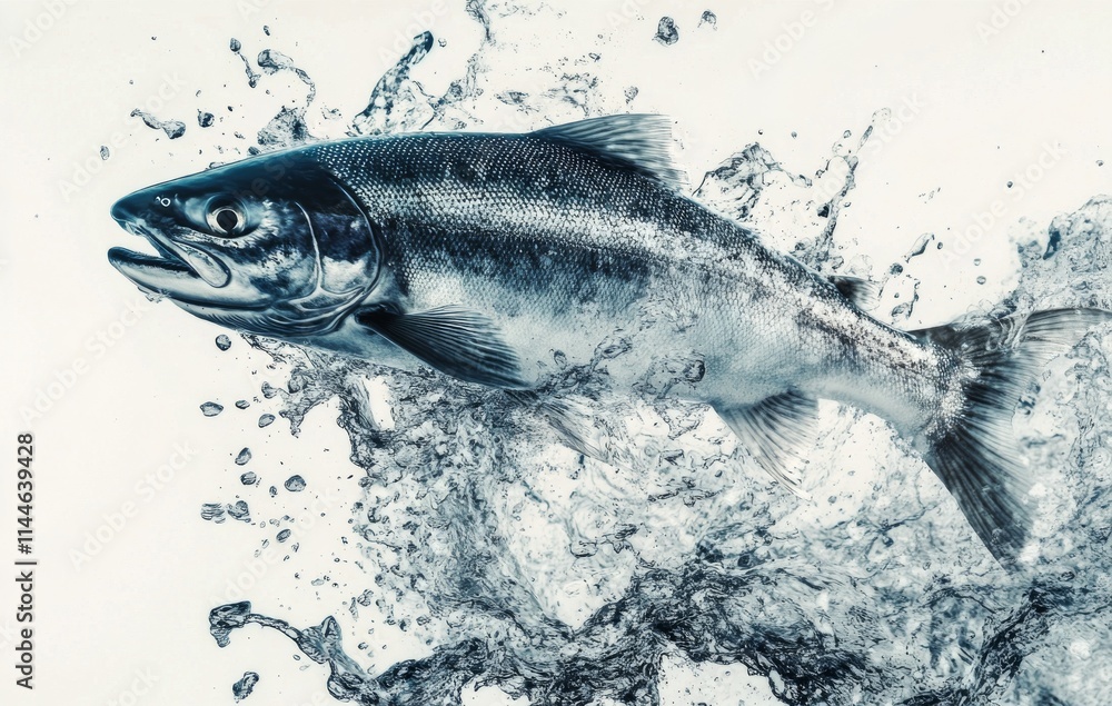 Obraz premium Silver salmon jumps through water creating splashes while swimming in a clear environment showcasing its vibrant