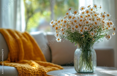Bright daisies in a clear vase bring freshness to a cozy living room with bri...