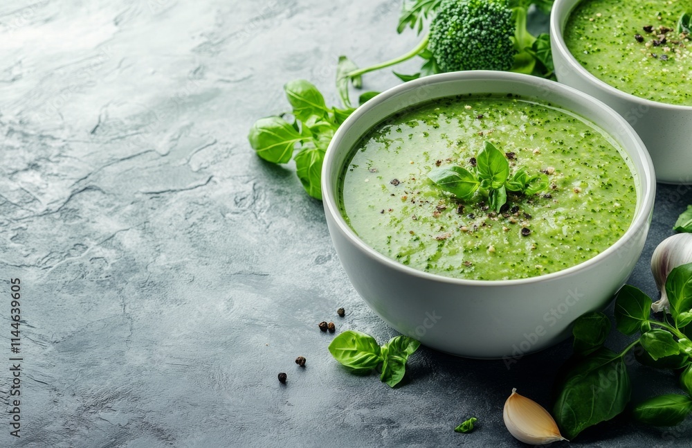 Fresh green basil soup in two bowls garnished with broccolini and garlic on a light grey surface surrounded by Fresh green basil soup in two bowls garnished with broccolini and garlic on a light grey surface surrounded by