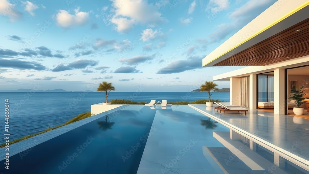 Fototapeta premium Modern and luxurious oceanfront property with sleek architecture and stunning views of the sea, waterfront, house