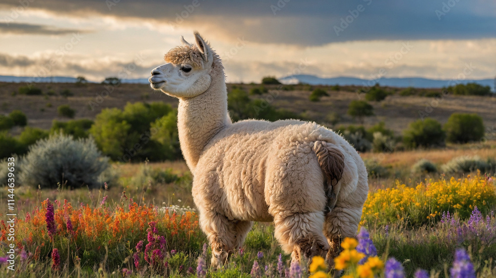 A curious llama standing in a lush field A curious llama standing in a lush field