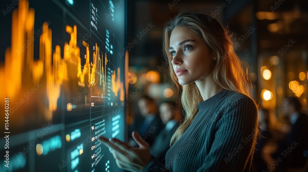 Young professional woman analyzing financial data on a digital screen in a modern office environment, showcasing technology, innovation, and business intelligence for stock photography. Young professional woman analyzing financial data on a digital screen in a modern office environment, showcasing technology, innovation, and business intelligence for stock photography.