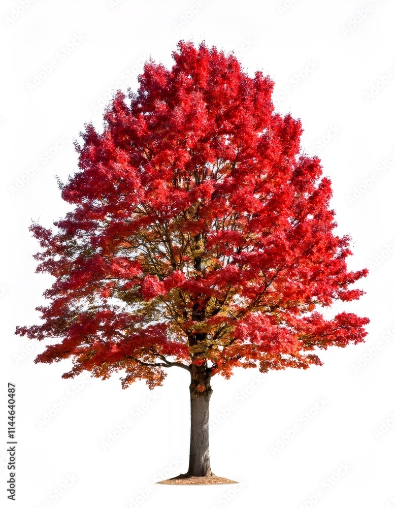 Fototapeta premium Crimson maple branch displaying vivid autumn foliage, leafy detail against pure white backdrop