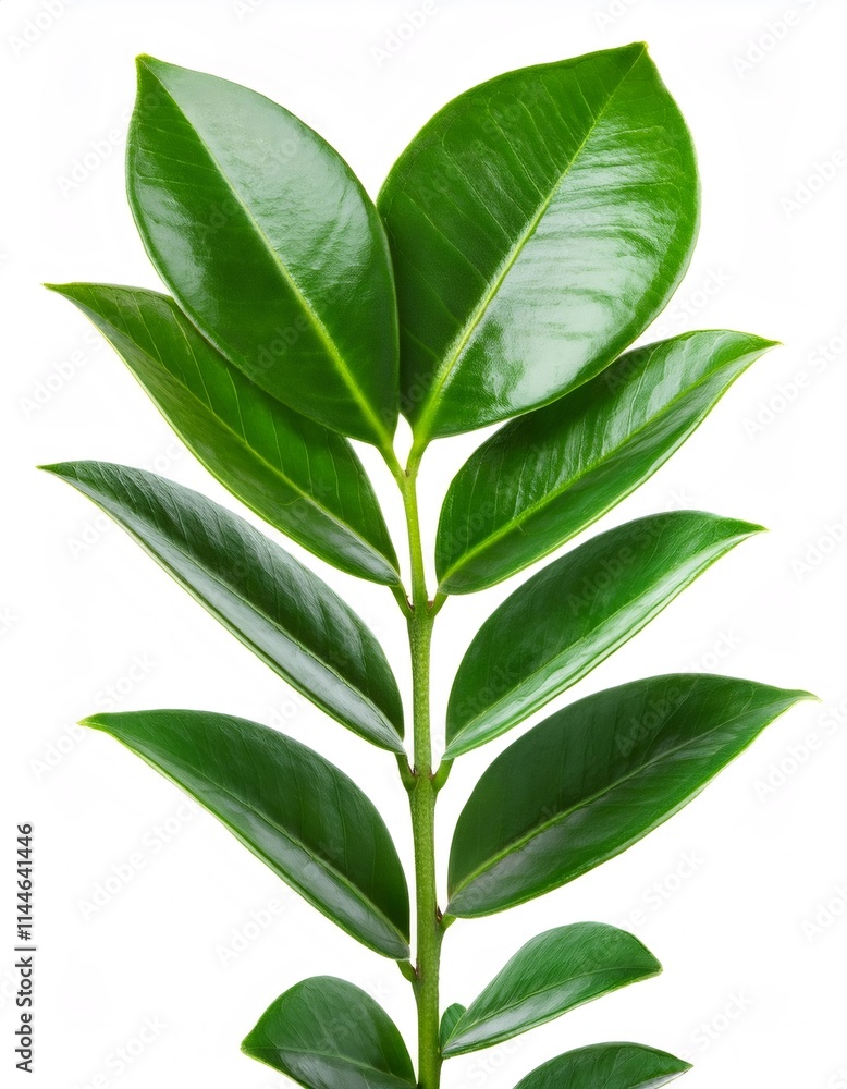 Fototapeta premium Close up green Zamioculcas zamiifolia branch displaying glossy, thick leaves with crisp details on minimalist white background