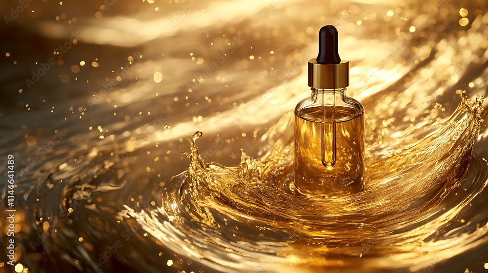 Golden oil bottle fiercely splashing wide shot photo mockup. AI Generated Golden oil bottle fiercely splashing wide shot photo mockup. AI Generated