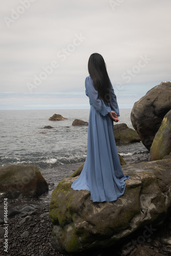 rear view of woman in a long blue dress standing on the beach with rocks and pebbles while looking over the ocean