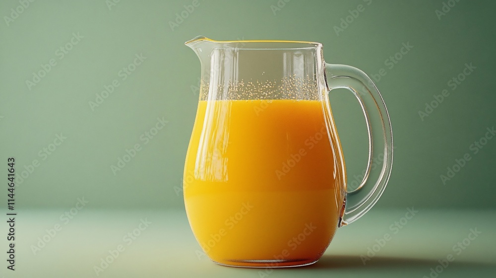 Glass pitcher filled with orange juice on green background. Glass pitcher filled with orange juice on green background.