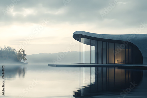 Elegant Curved Roof Building, Seamless Integration with Nature, Minimalist Modern Design, Reflective Lake Silhouette, Cinematic Lighting Architecture,Suitable for automotive scenarios
﻿