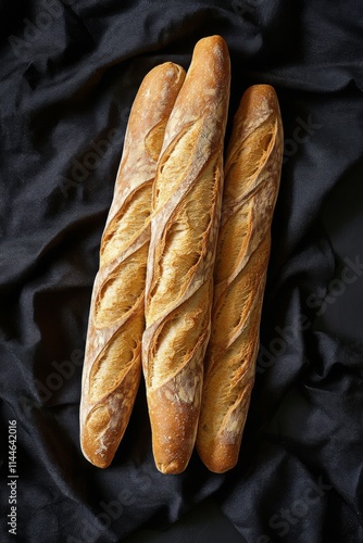 Freshly baked bread loaves resting on a dark fabric background with flour dus...