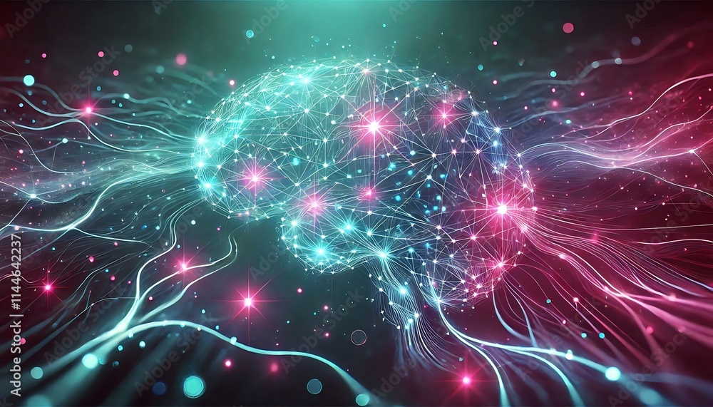 glowing human brain with neural network connections, artificial intelligence concept, human consciousness visualization, neurological activity illustration glowing human brain with neural network connections, artificial intelligence concept, human consciousness visualization, neurological activity illustration