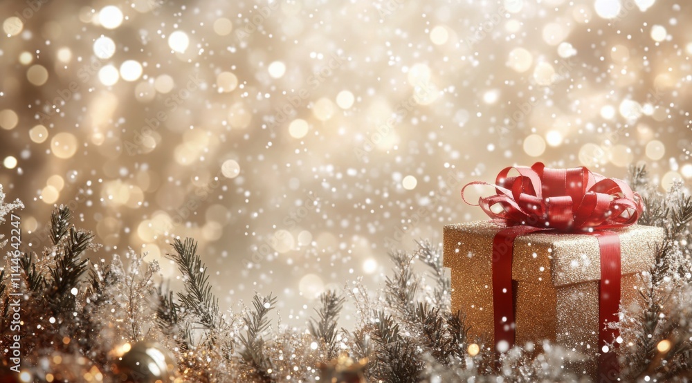 Winter gift box with red ribbon on snowy surface surrounded by sparkling lights creating a festive atmosphere Winter gift box with red ribbon on snowy surface surrounded by sparkling lights creating a festive atmosphere