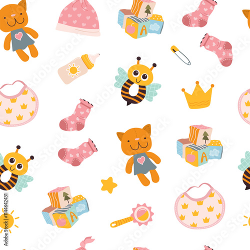 Seamless pattern for babies featuring essentials and toys. Adorable print for infants with a playful design. Perfect for wrapping paper, textiles, and baby shower decorations. Vector illustration.
