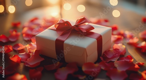 Gift box decorated with red ribbon surrounded by rose petals on a table, with...