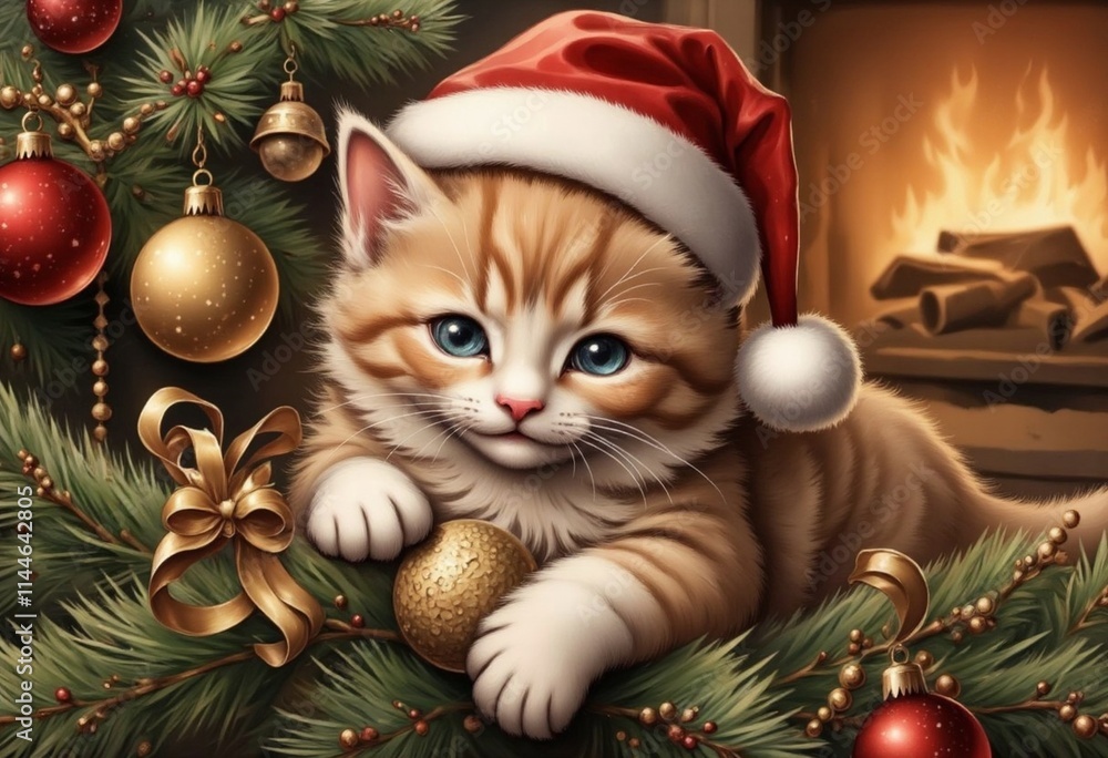 A cute, fat kitten with fluffy fur of a delicate red shade has settled comfortably right on the branches of a New Year tree A cute, fat kitten with fluffy fur of a delicate red shade has settled comfortably right on the branches of a New Year tree
