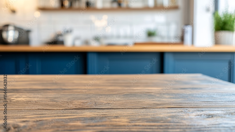 Rustic wooden table with blue cabinets and light walls, perfect for product display Rustic wooden table with blue cabinets and light walls, perfect for product display