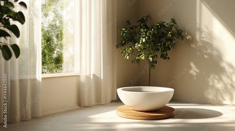 A white pedestal with a wooden base is sitting in a room with a window A white pedestal with a wooden base is sitting in a room with a window